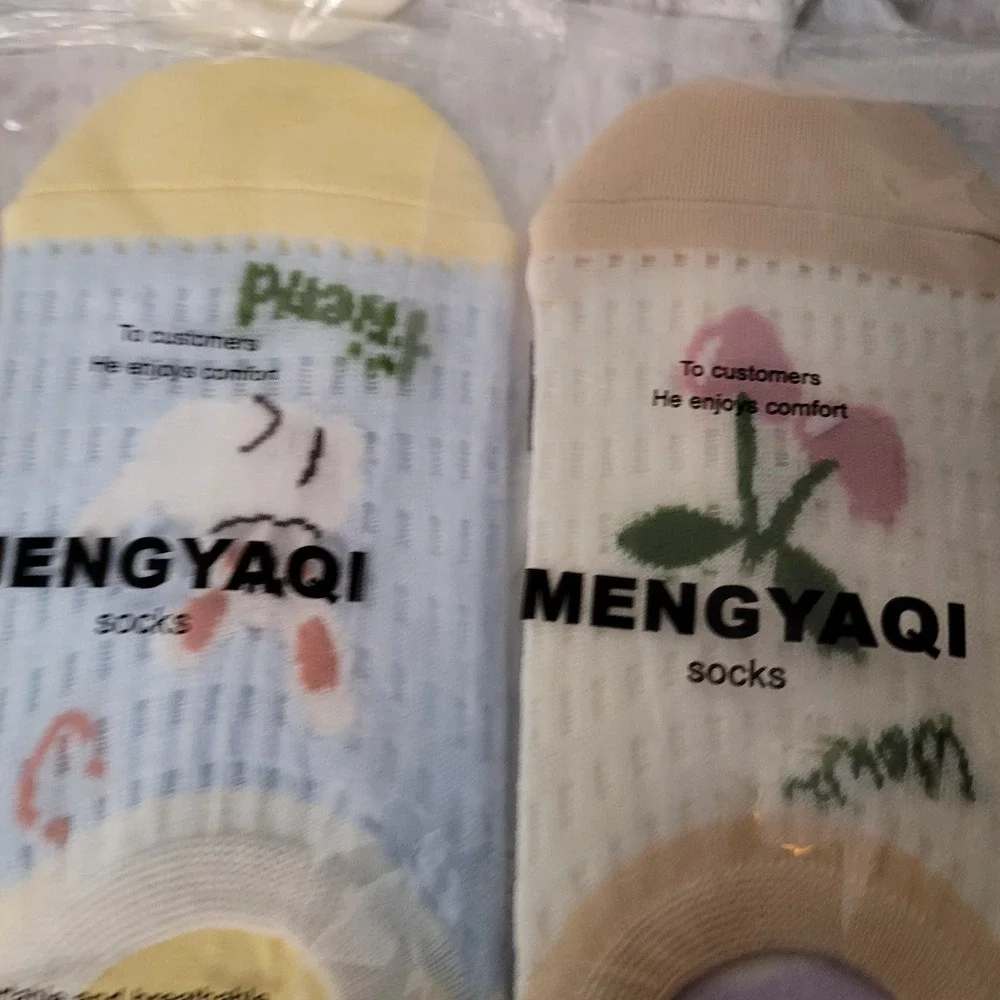 MENGYAQI 5 Pack No‎ Show Socks Pastel Kawaii Cat Bunny Floral Mesh Low Cut Socks